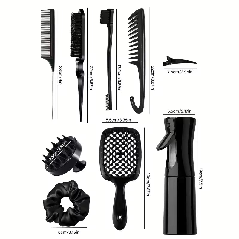 WANMEI 12pcs set Hair Styling Comb Set - Includes Rat Tail Edge Brush & Smooth Black Brush Barber Styling Tools for All Hair Typ