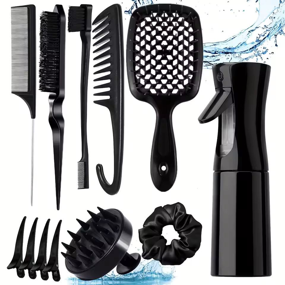 WANMEI 12pcs set Hair Styling Comb Set - Includes Rat Tail Edge Brush & Smooth Black Brush Barber Styling Tools for All Hair Typ