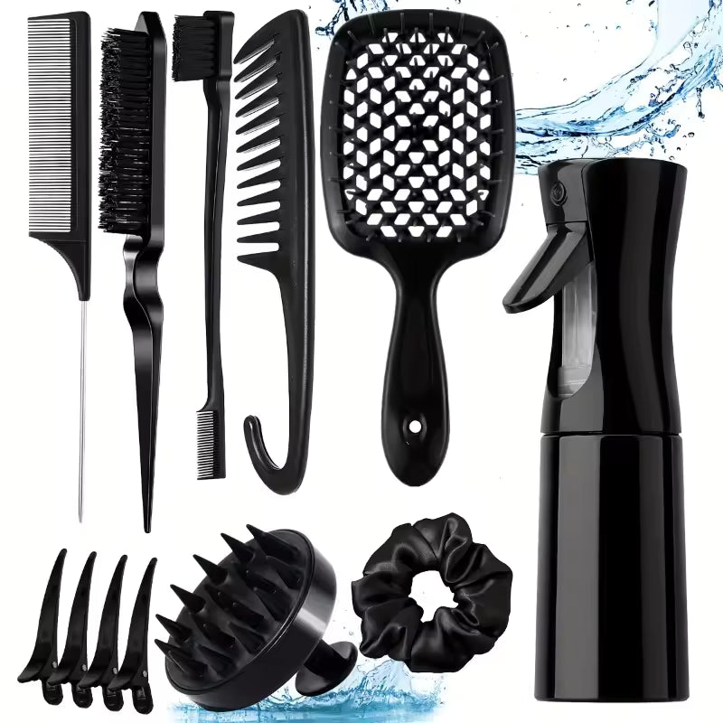 WANMEI 12pcs set Hair Styling Comb Set - Includes Rat Tail Edge Brush & Smooth Black Brush Barber Styling Tools for All Hair Typ